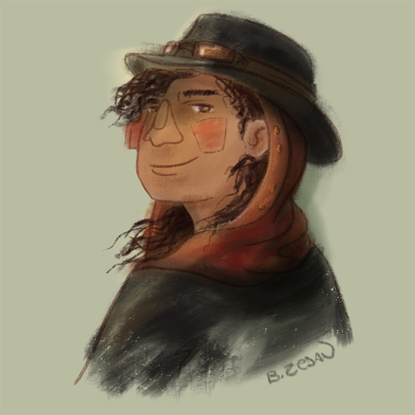 A quick looking digital sketch of the character described above, looking over her shoulder. She has light brown skin and dark brown curly hair that is mostly covered by a red hood and black brimmed cap with goggles on it.