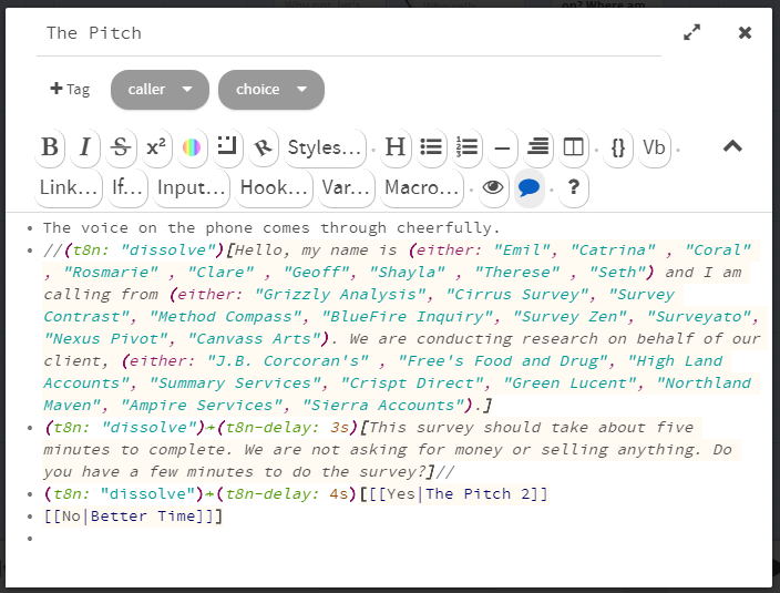 [Image description: A screenshot of a code block in Twine, showing notably variable arrays for the name of the caller, their company, and the company they're conducting the survey for.