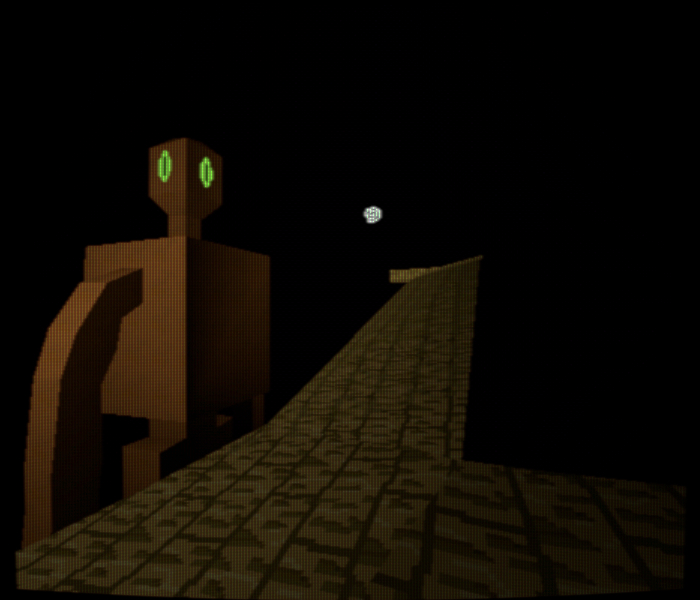 A brown brick pathway in the void, there is a floating orange golem with glowing green eyes, and a spiral floating in the void as a light source.