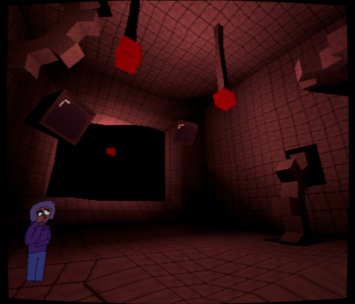 A room with steel walls, red lanterns, there are floating computer monitors about, and gears stick out through the walls.There is a character wearing a hoodie looking confused.