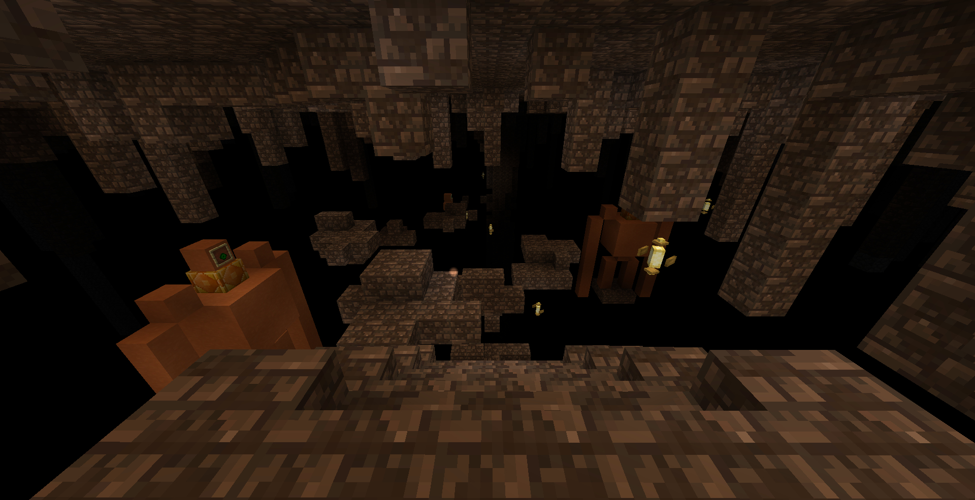 A dark area in the void, there are floating platforms of brown bricks, and orange golems floating in the void.
