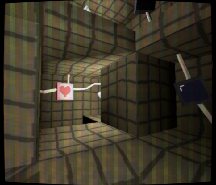 A room with worn out metal walls, pipes going through the walls in random directions, and at the end of the room there is a block with a heart on it.