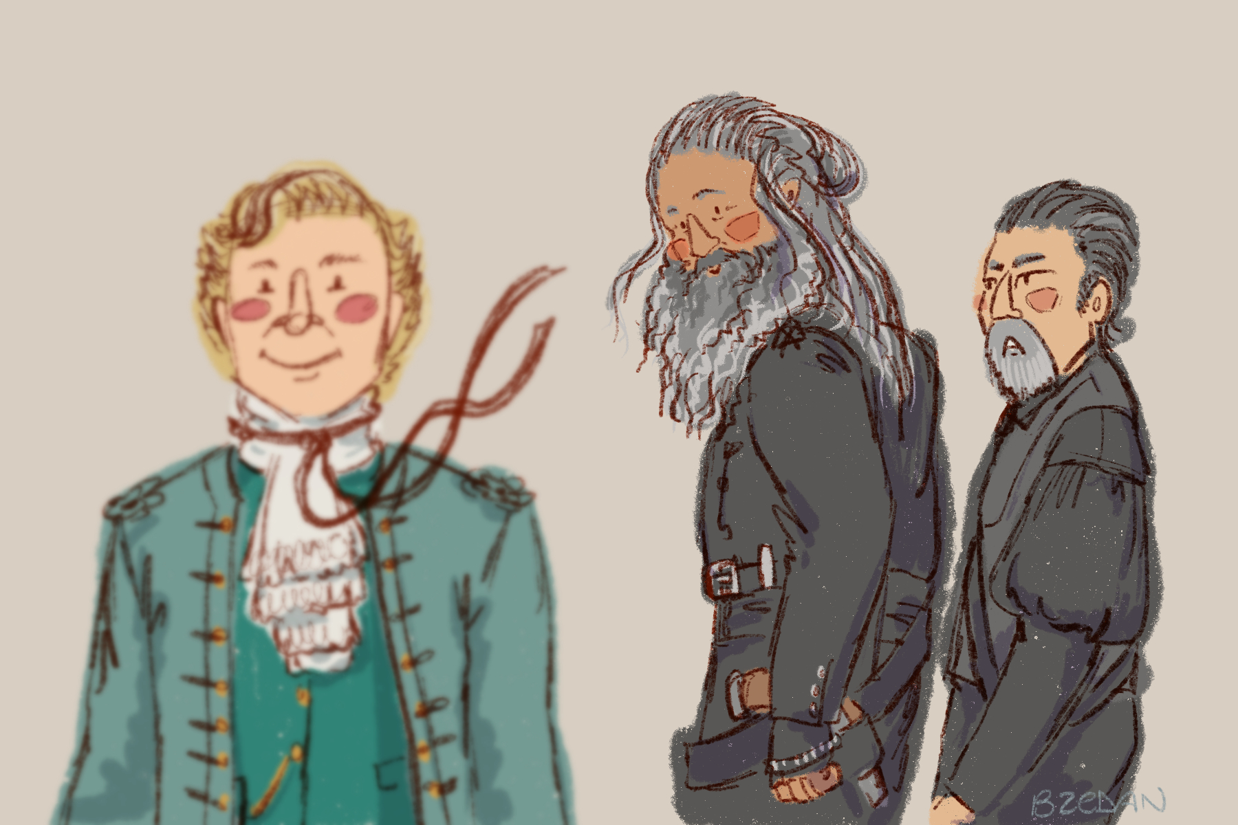 A digital illustration set up like the Distracted Boyfriend meme, but it is Blackbeard looking at Stede Bonnet as he passes, while Izzy Hands looks angrily at him.