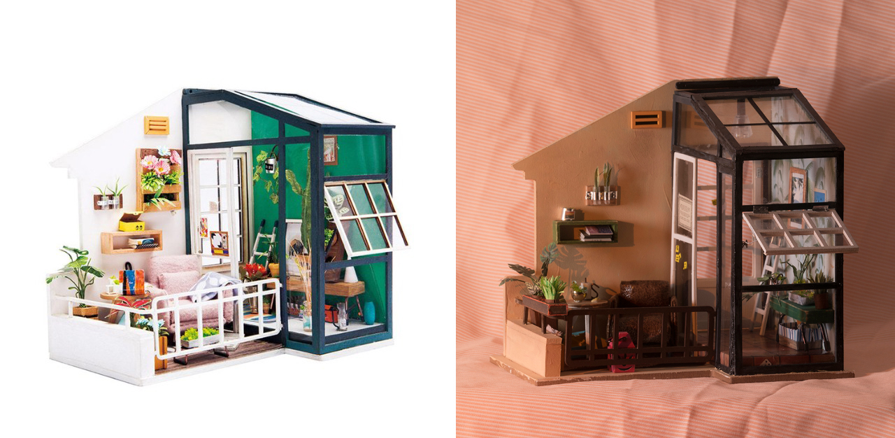 A side-by-side image of a catalogue image of the previously described dollhouse next to the "day" version of the dollhouse image above. The catalogue image has stark white walls, the interior wall of the atrium is a flat teal, and all the accessories are more profuse and look brighter and less worn, most particularly, the chair is fuzzy pink instead of worn leather.