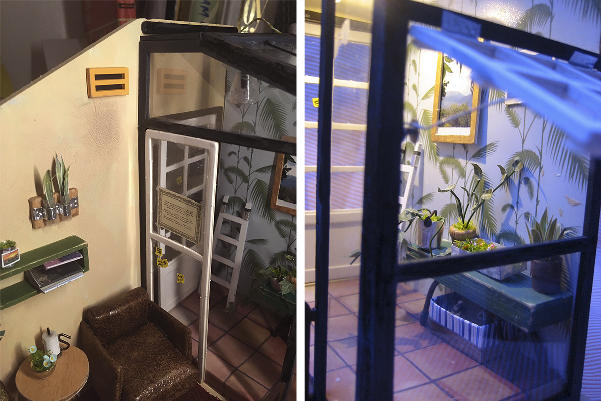 Two images side-by-side, showing different areas of the miniature patio in different lighting conditions. On the left, a slightly top-down view shows a worn leather chair next to a round side table that houses a candle and small plant in a bow, under a edge-worn wall shelf holding books and a wall planter with something leafy. Next to the chair is a sliding "glass" door, covered in sticky notes and an illegible quotation printed on what scale-wise is US letter-sized paper. On the right, the light is blue with twilight, contrasting against the cold clear light in the atrium. Viewed through the propped open window is a profusion of plants on a worn side table set against the wallpapered wall, under framed landscape photos.