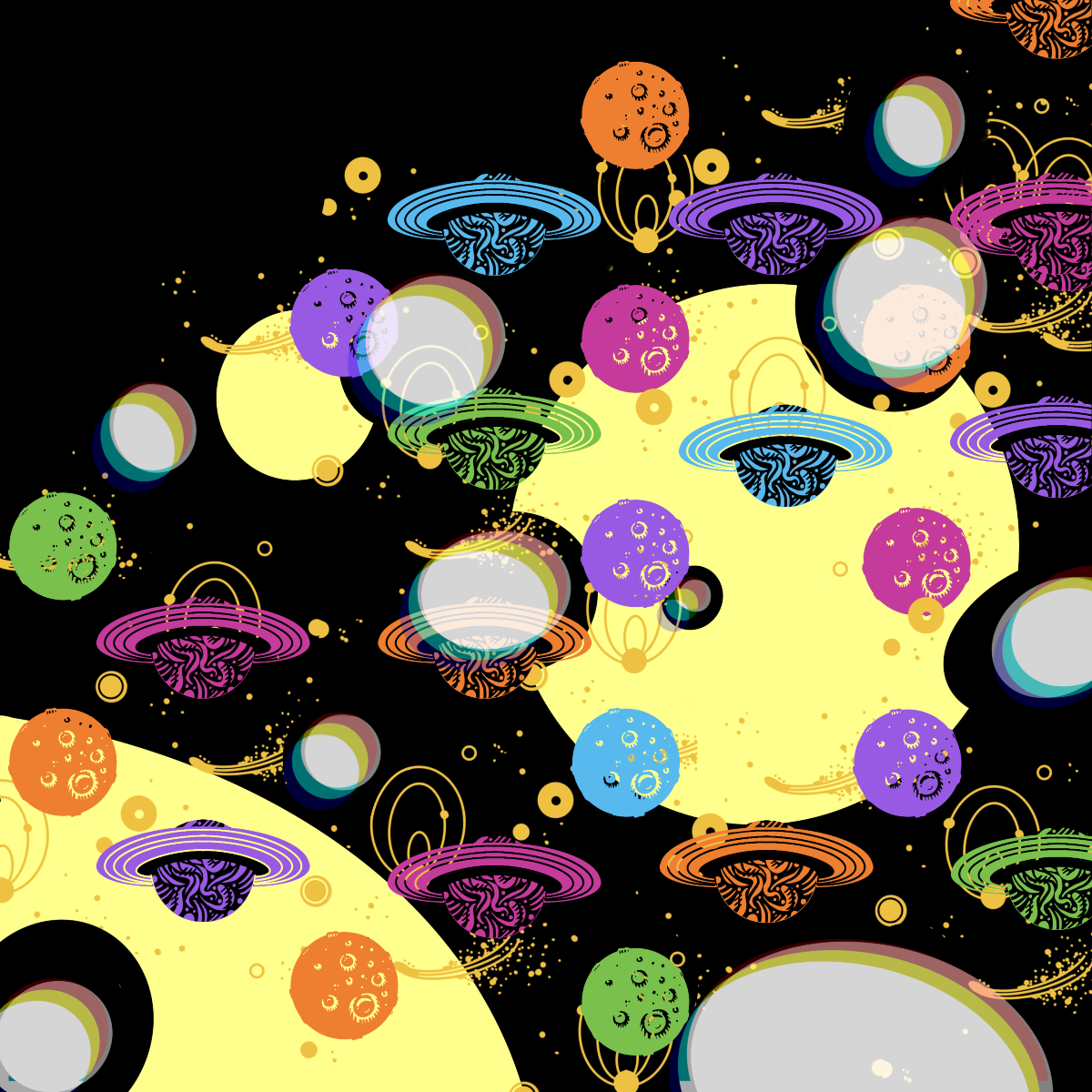 A digital illustration of a load of semi-tiled planets, moons, and small cosmic shapes in bright neons across a field of black that is broken up by large pale yellow circles. Overlapping it all are semi-transparent white blobs with colour diffraction rainbow edges.