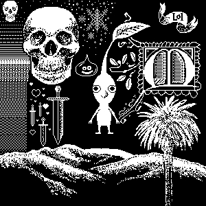A black and white pixel doodle page packed full of screentone pattern swatches, a Pikmin, swords, a scroll, an illuminated capital M, two skulls, and a Dragonquest slime, all above a dither-shaded mountain landscape and palm tree.