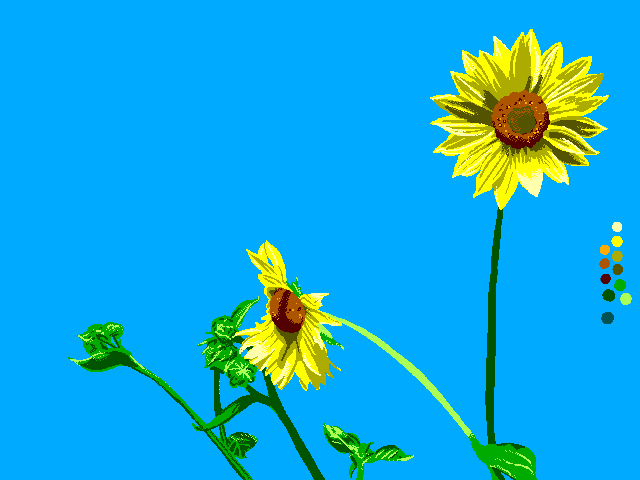 A pixel illustration with a limited palette (that is shown with swatches on the right) of yellow sunflowers against a vibrant plain blue background. The darker shadows of the petals seem too dark and green.]