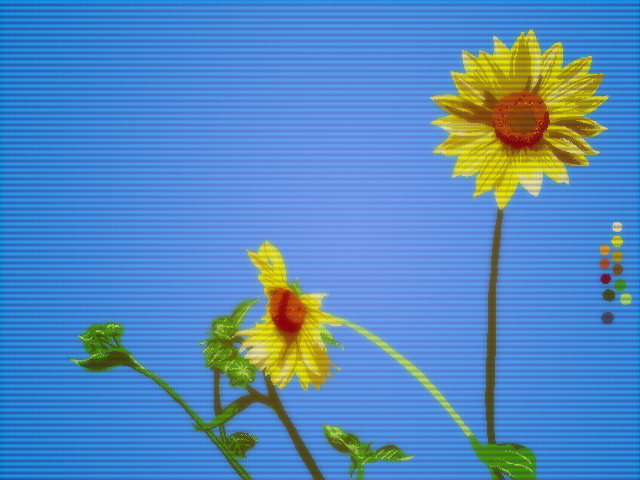 The same image as above, with a false CRT scanline look added. The too-green shadows now now have a warmer red tone and most of the shading and highlighting is smoothed and rounded out in a pleasing way.