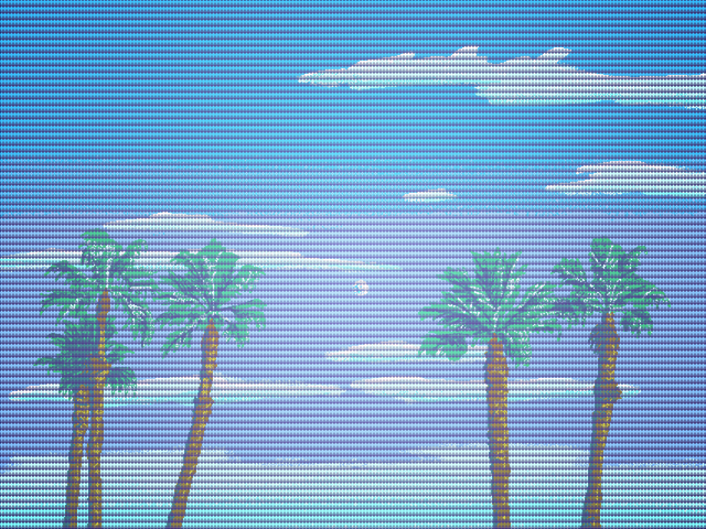 A limited-pallete pixel illustration of a line of palm trees in front of a blue sky with thin clouds. The palm trees are grouped three to the left and two on the right. Between the gropus is a small moon. The image has a false CRT scanline look to it that smooths a lot of the rougher gradients on the clouds and trees, especially on the palm trunks.