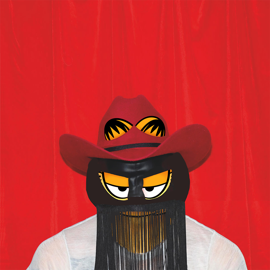 A person, centered in the lower third of the image, shown from the chest up against a red background. They are wearing a black cowboy hat (that kitty ears poke through), a white t-shirt, and a black mask with thick fringe that hides their lower face fully. Even so, it is clear the face is Garfield's.