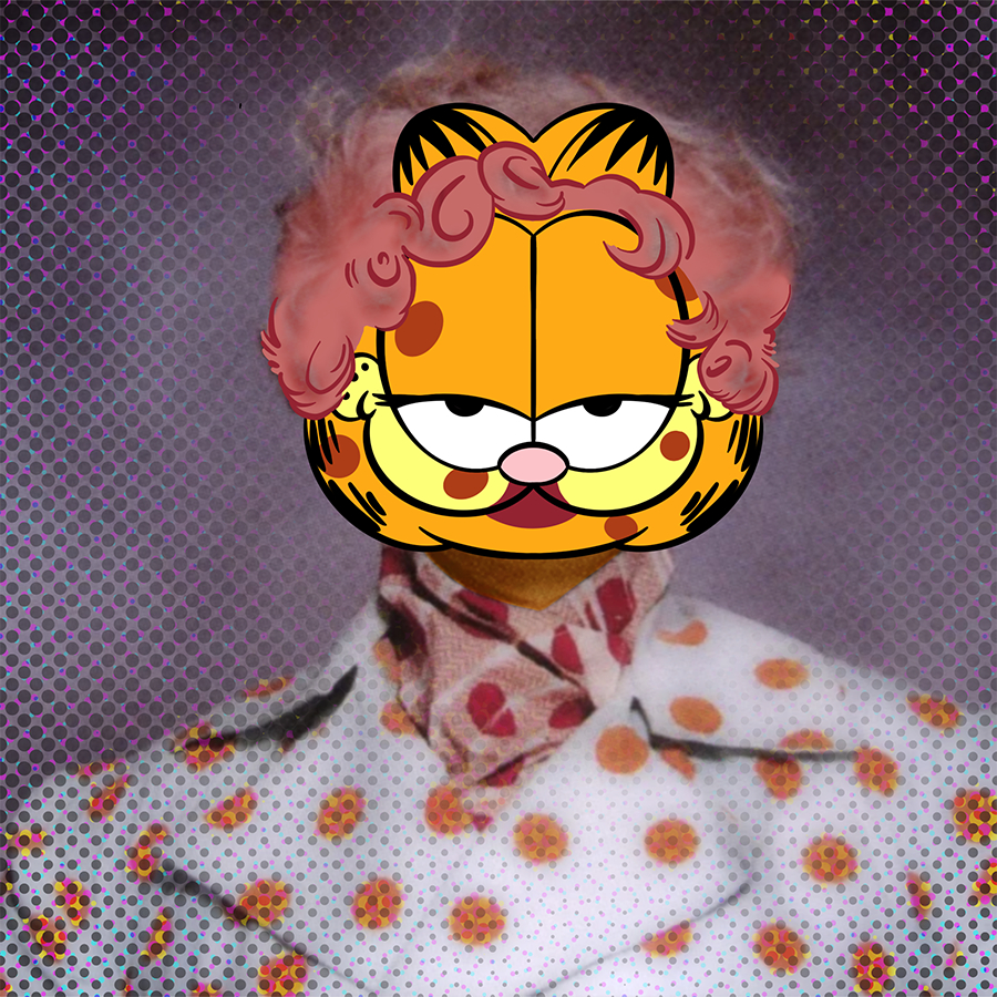 An image of a person wearing a white suit with orange polkadots on it. They are wearing a short curly pink wig and also have polkadots on their face (which is Garfield's). The edges of the image fade out into halftone.