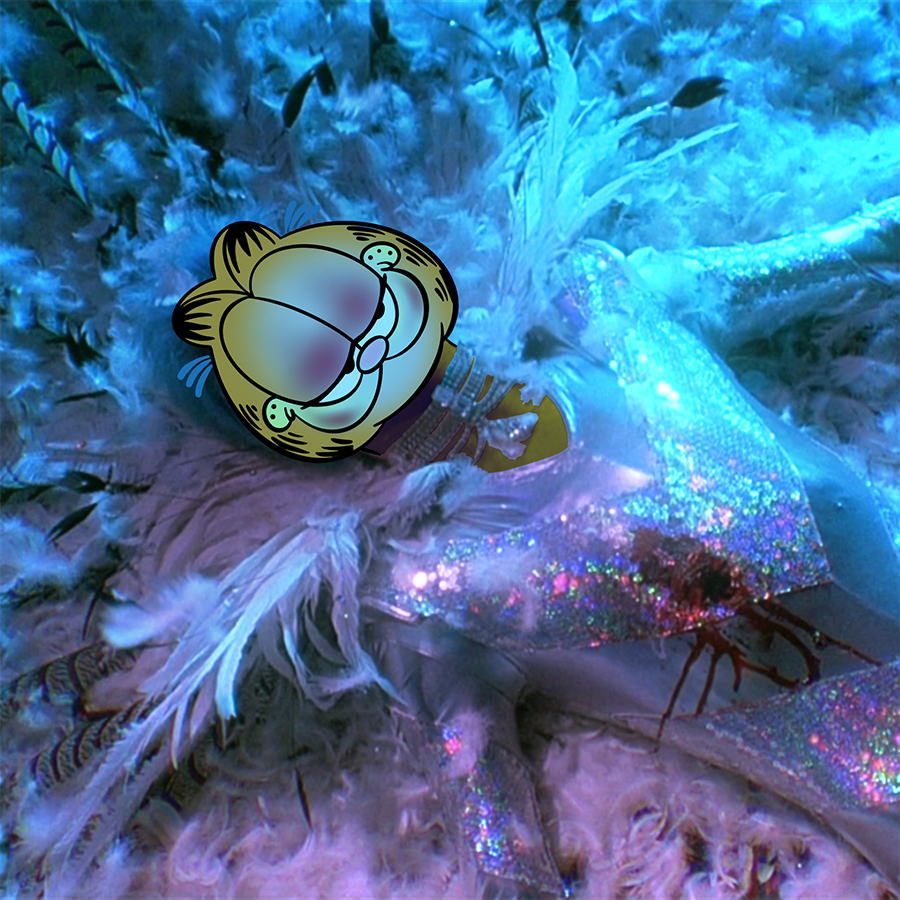 A blue-tinted image of a person lying on their back on a scattered bed of feathers. They are wearing a silvery jumpsuit with huge winged shoulder pieces and a bloodstain spreads over their heart. The face of the person is Garfield, who is wearing glam makup