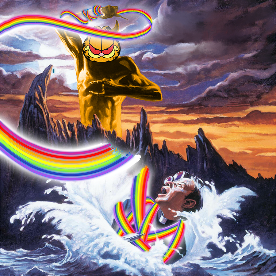 A very metal painted illustration of a demon standing behind a sharp, jagged mountain range, whipping a rainbow at a priest in the foreground, floundering in water and wrapped up in more strands of rainbow. The demon has Garfield's face.
