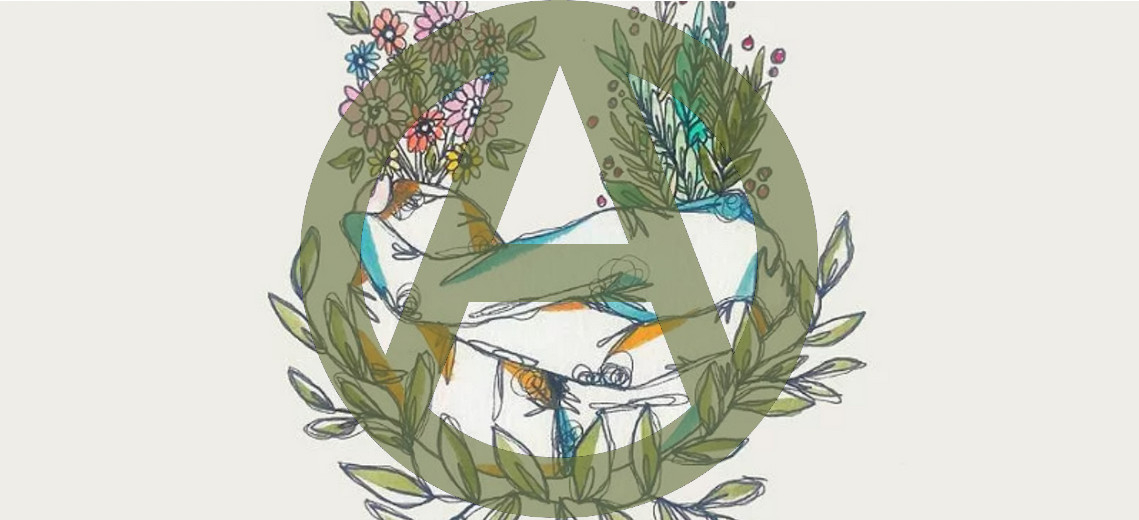 Two people with arms wrapped around each other. Flowers and plants are growing from their heads. A wreath is at the bottom. A green circle A is superimposed in front of the image.