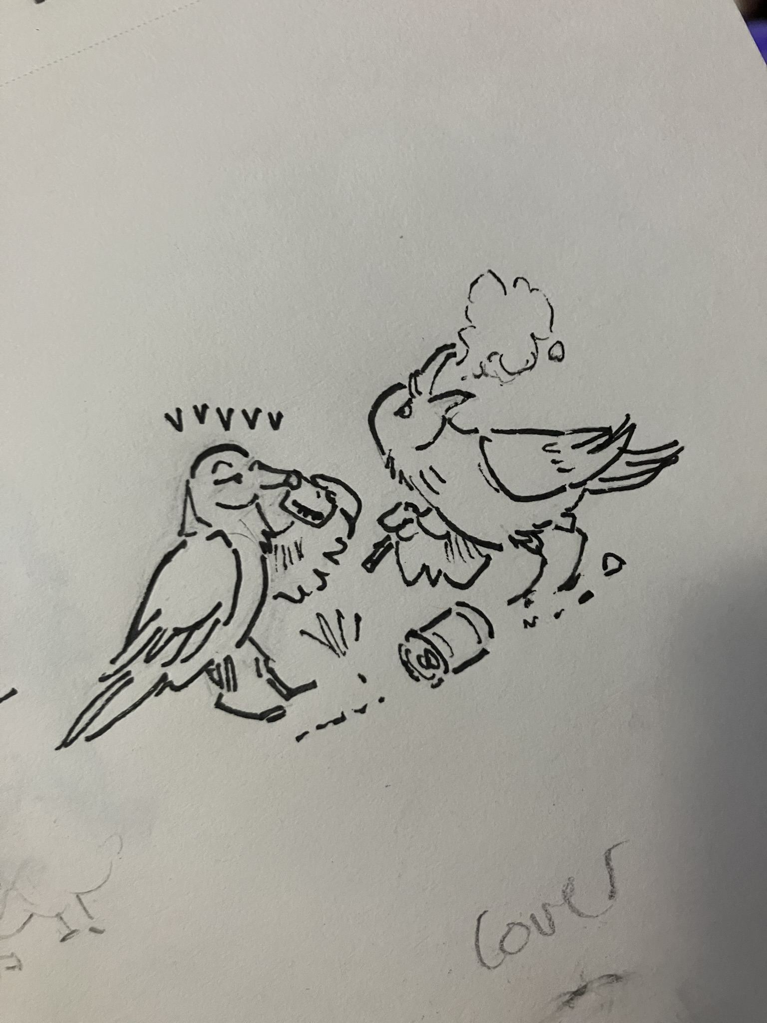 two crows are vaping. this art appears in the minizine i'm almost done, it's about lithium ion battery recycling