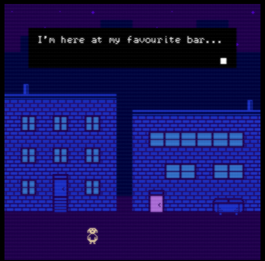 Pixel art of an anthropomorphic dog standing outside a city scene at night, with text overlaid saying "I'm here at my favourite bar..."