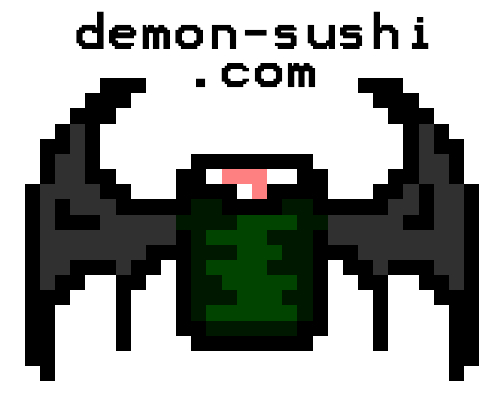 a tiny pixel drawing of a maki roll with demon wings