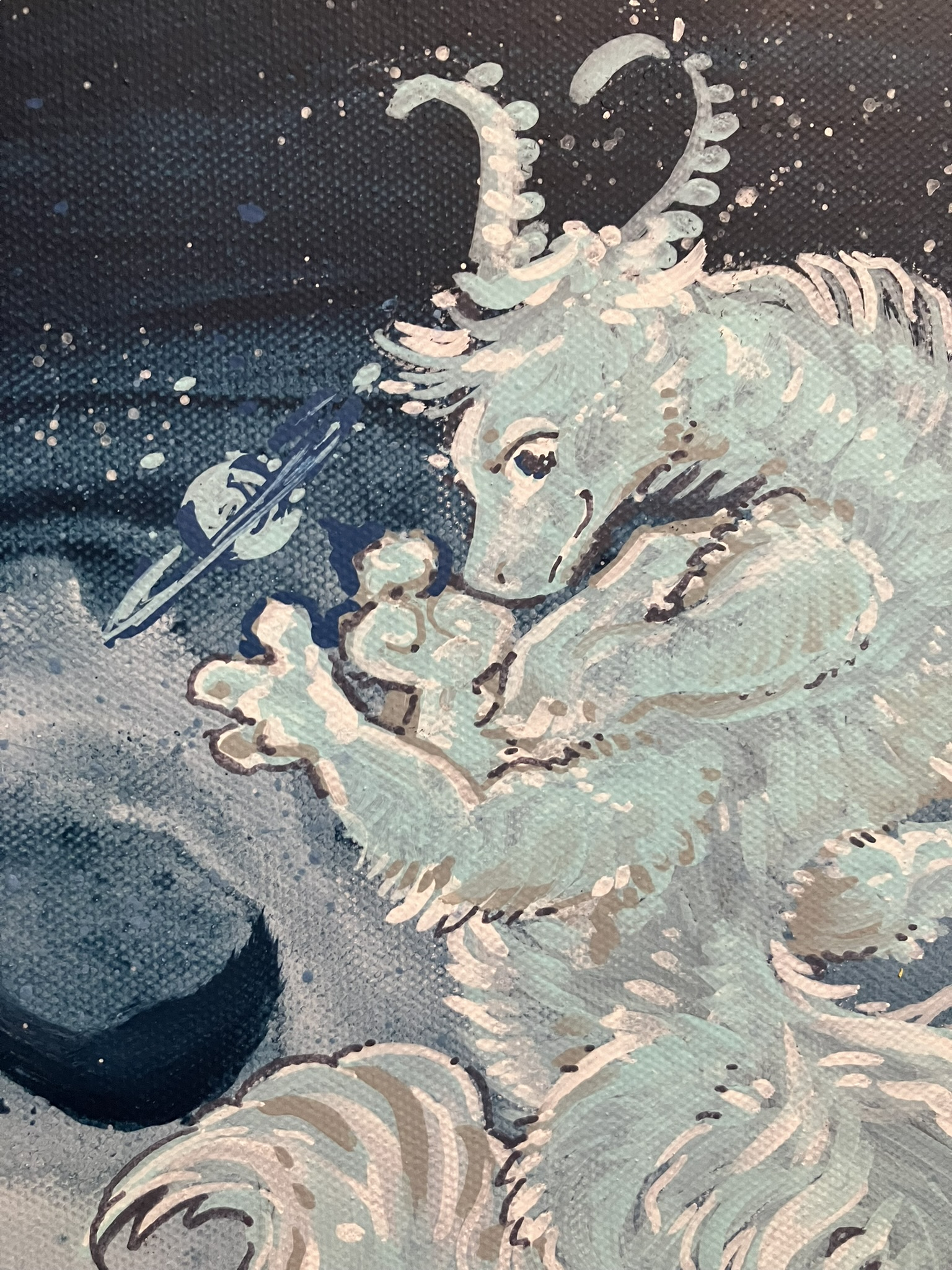 [photo] a cropped picture of a painted canvas! a nikitak is painted floating in space, smiling over its shoulder