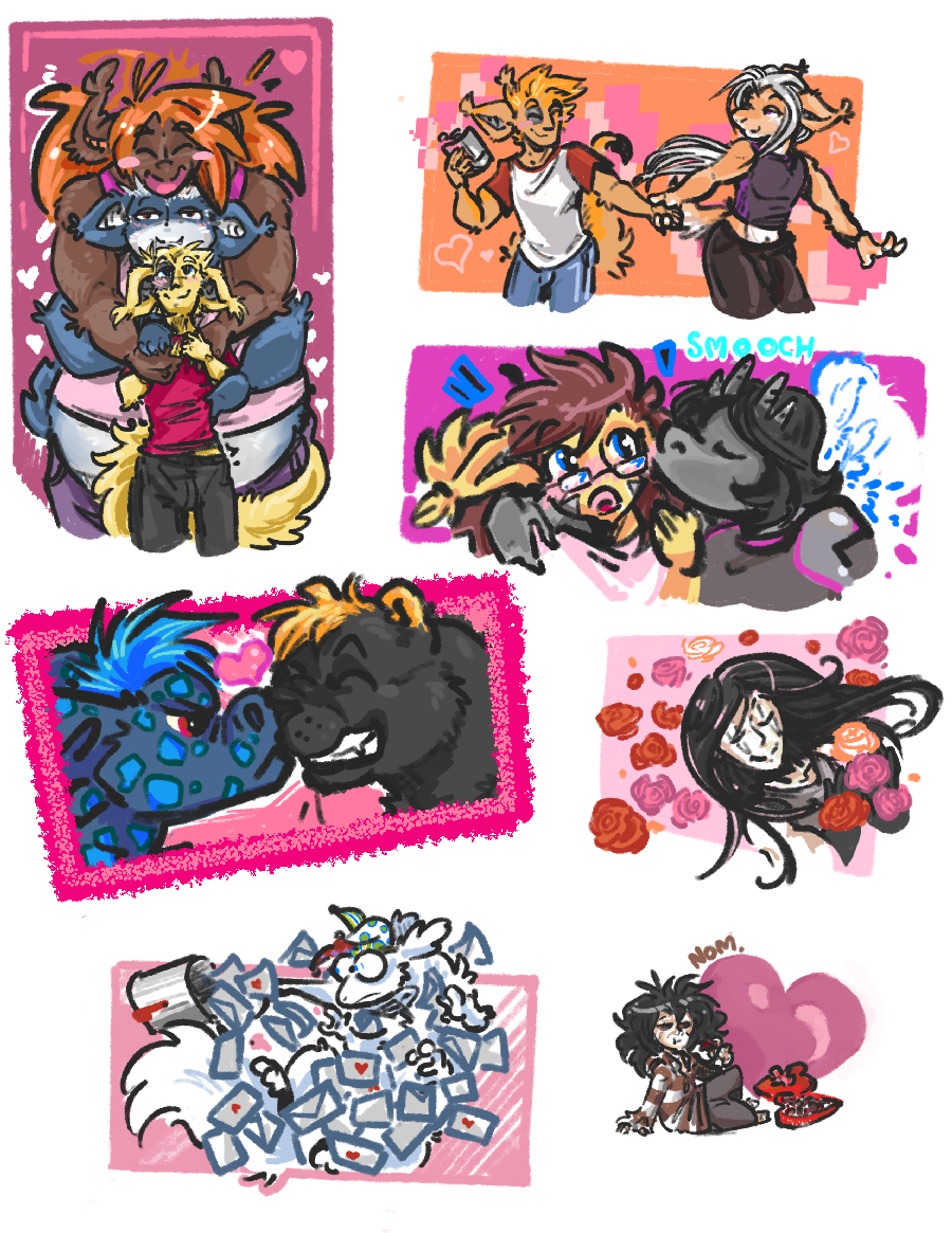 seven sticker designs of OCs of mine with a valentine theme