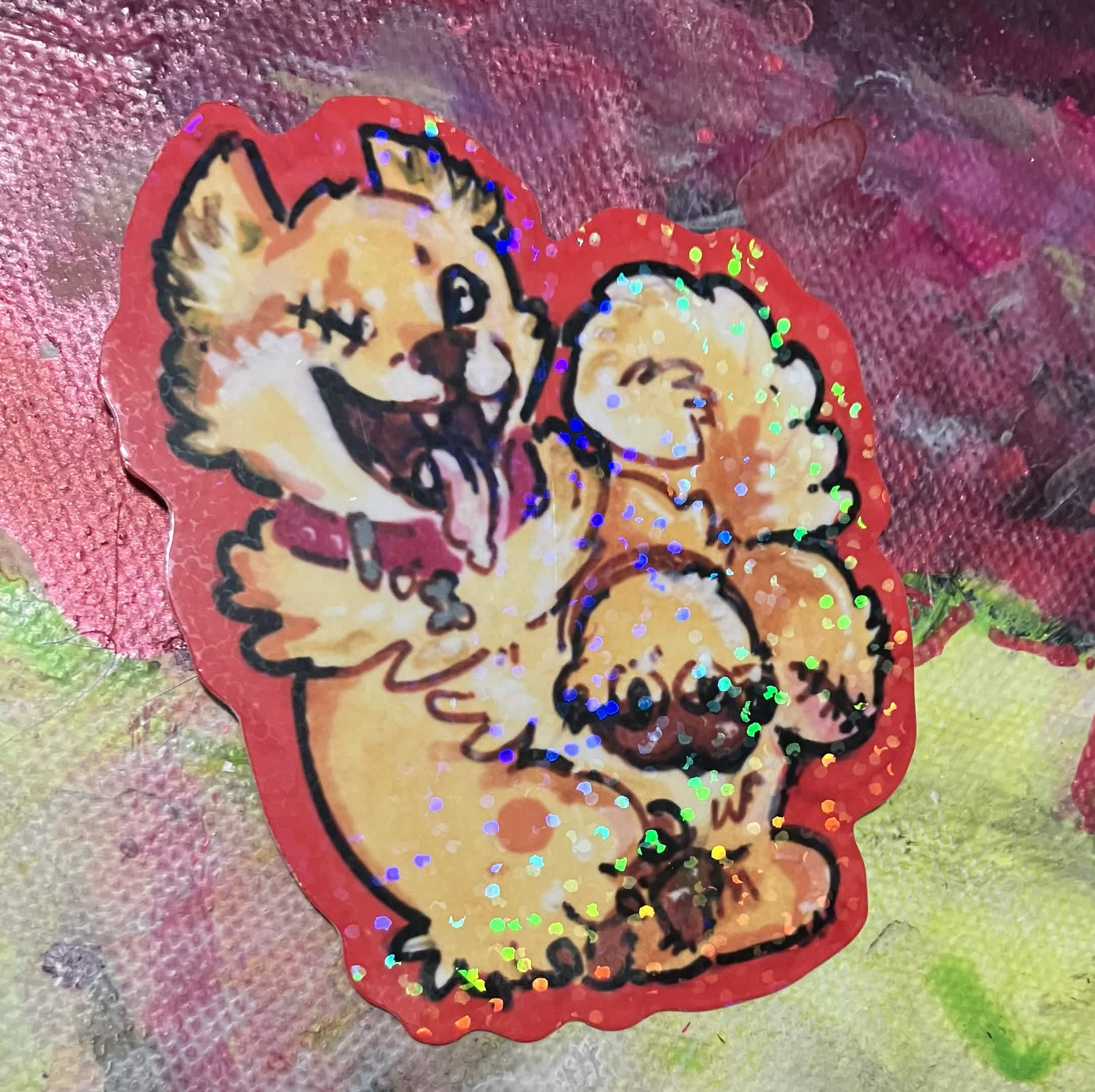 a sticker of a shiba inu with 3 legs and only one eye but looking excited, happy and playful with tongue lolling out.